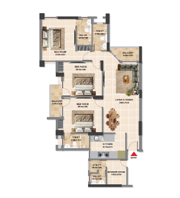 3 BHK + W Apartment